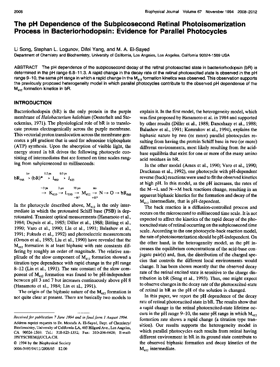 The pH dependence of the subpicosecond retinal photoisomerization process in bacteriorhodopsin: evidence for parallel photocycles