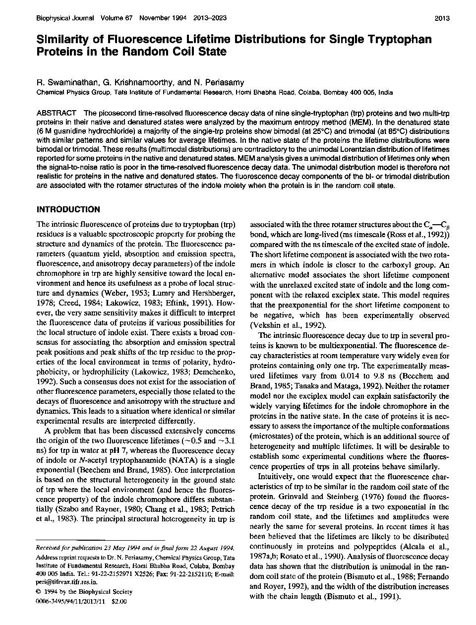 Similarity of fluorescence lifetime distributions for single tryptophan proteins in the random coil state