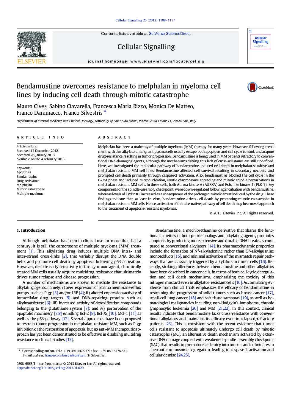 Bendamustine overcomes resistance to melphalan in myeloma cell lines by inducing cell death through mitotic catastrophe