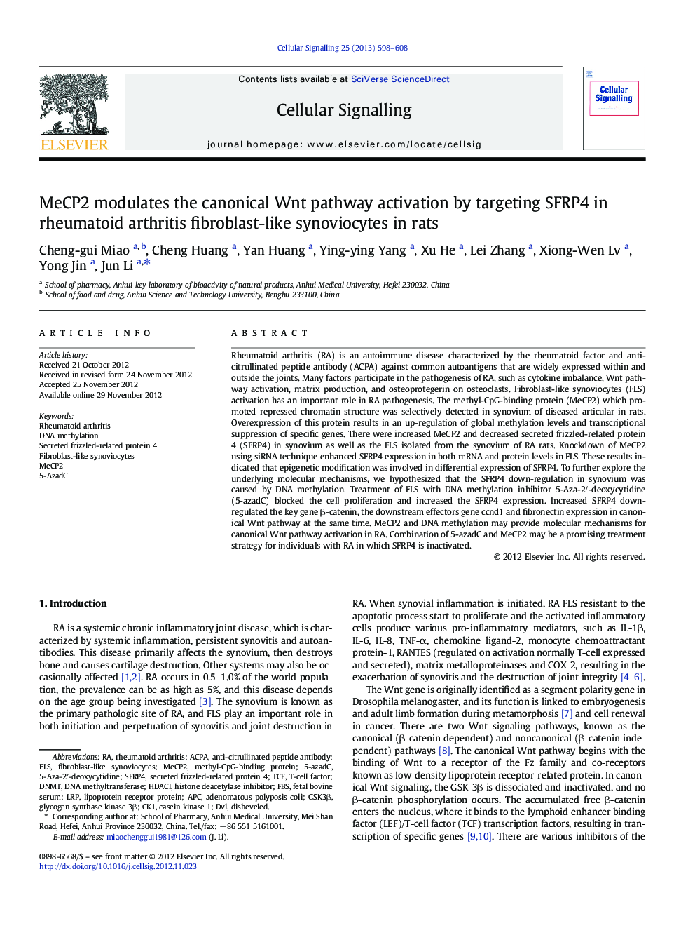 MeCP2 modulates the canonical Wnt pathway activation by targeting SFRP4 in rheumatoid arthritis fibroblast-like synoviocytes in rats