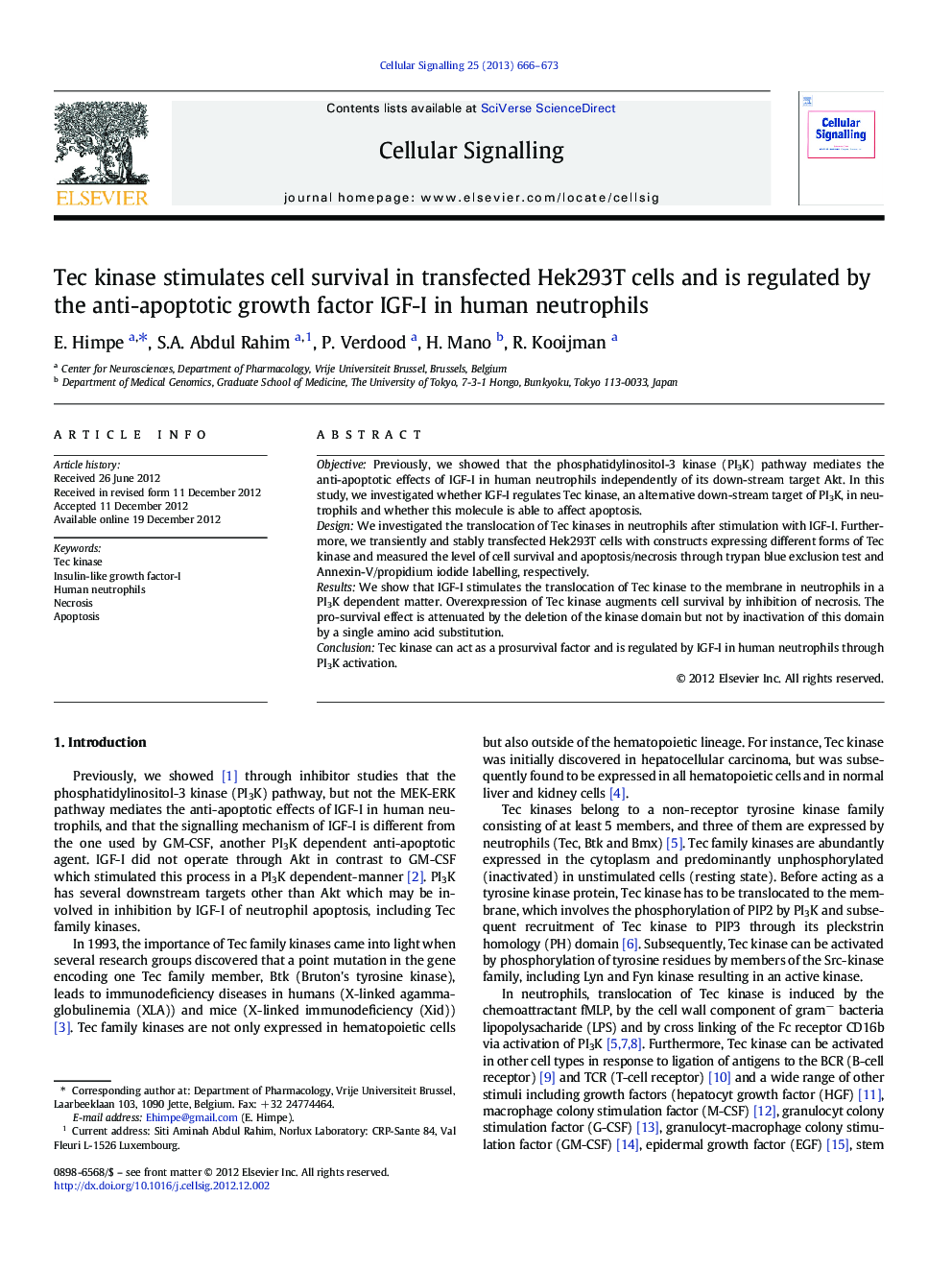 Tec kinase stimulates cell survival in transfected Hek293T cells and is regulated by the anti-apoptotic growth factor IGF-I in human neutrophils