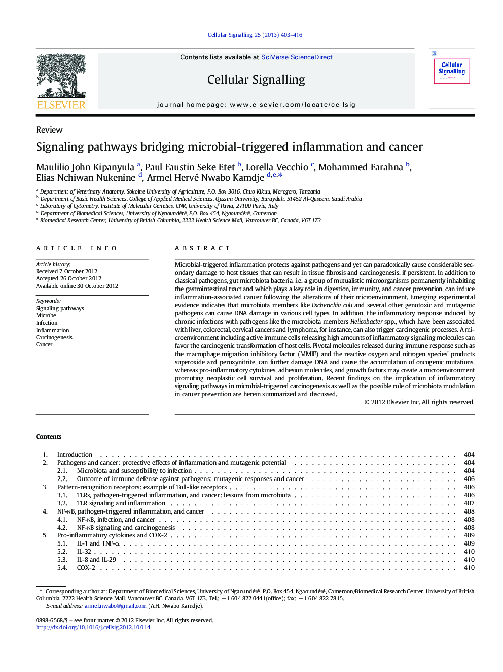 Signaling pathways bridging microbial-triggered inflammation and cancer