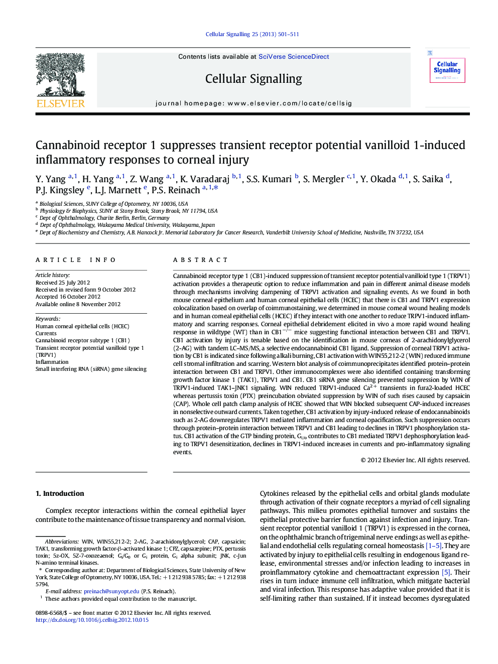 Cannabinoid receptor 1 suppresses transient receptor potential vanilloid 1-induced inflammatory responses to corneal injury