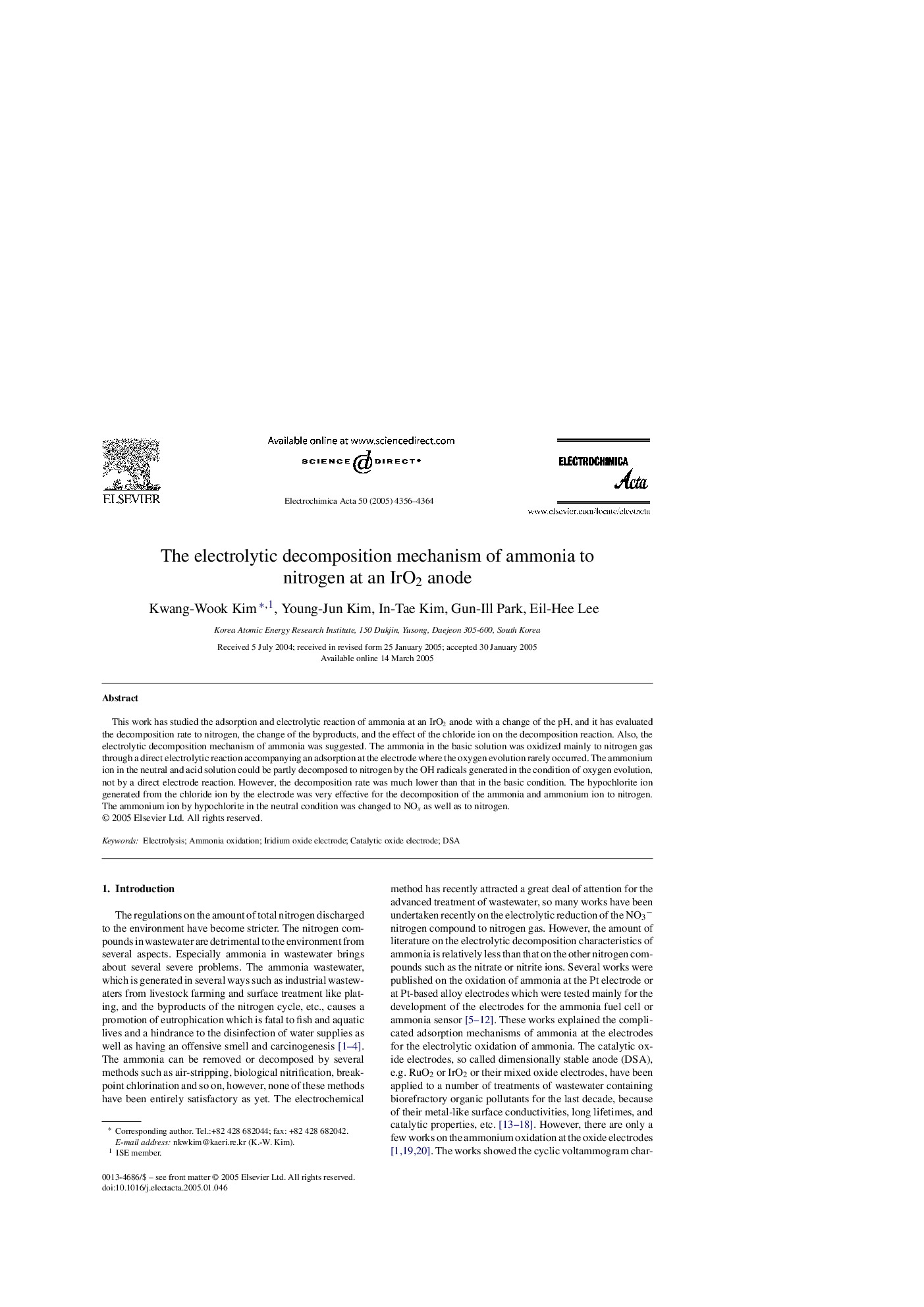 The electrolytic decomposition mechanism of ammonia to nitrogen at an IrO2 anode