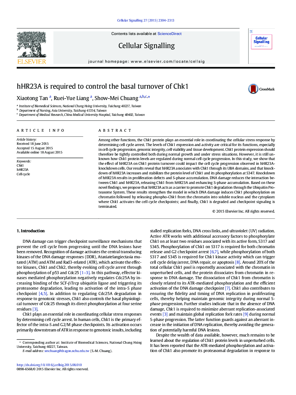 hHR23A is required to control the basal turnover of Chk1