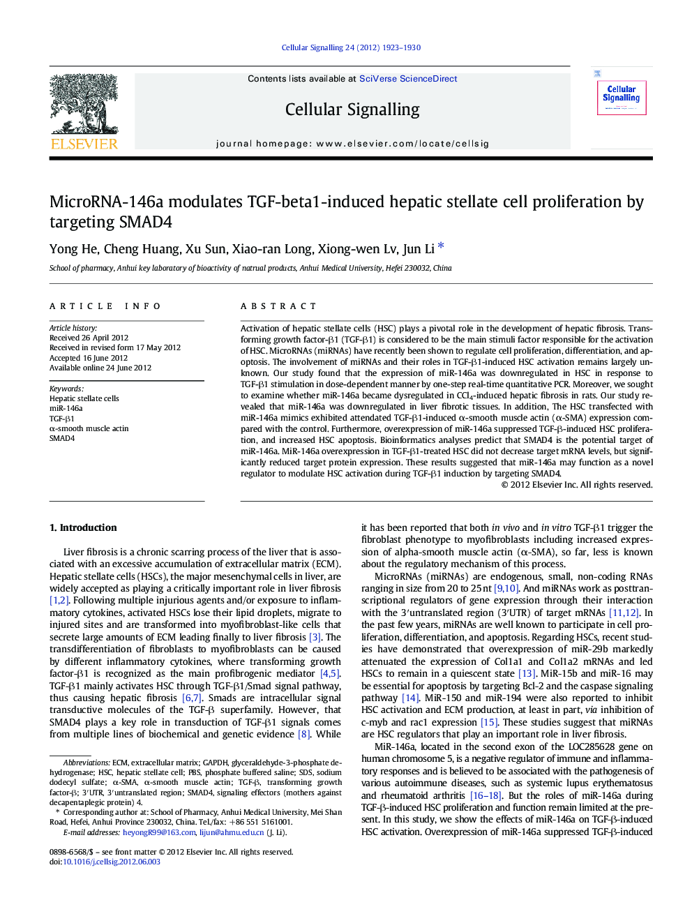 MicroRNA-146a modulates TGF-beta1-induced hepatic stellate cell proliferation by targeting SMAD4