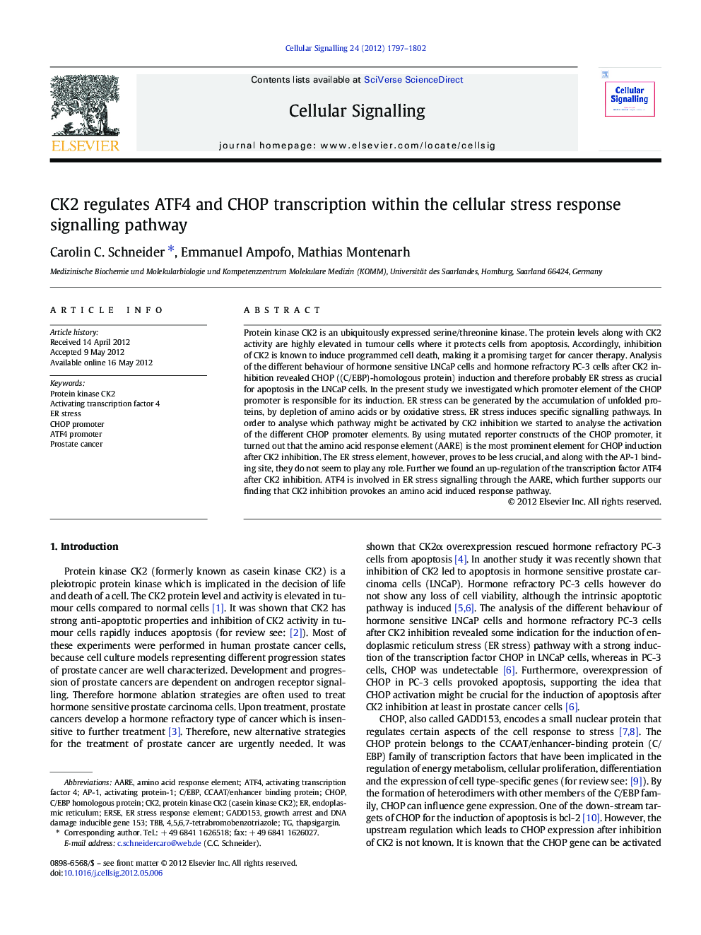 CK2 regulates ATF4 and CHOP transcription within the cellular stress response signalling pathway