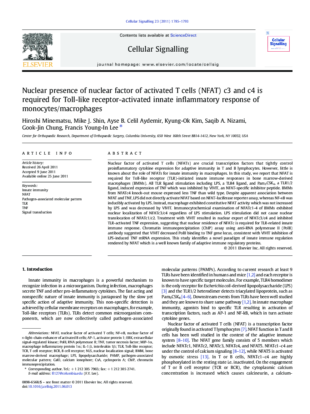 Nuclear presence of nuclear factor of activated T cells (NFAT) c3 and c4 is required for Toll-like receptor-activated innate inflammatory response of monocytes/macrophages