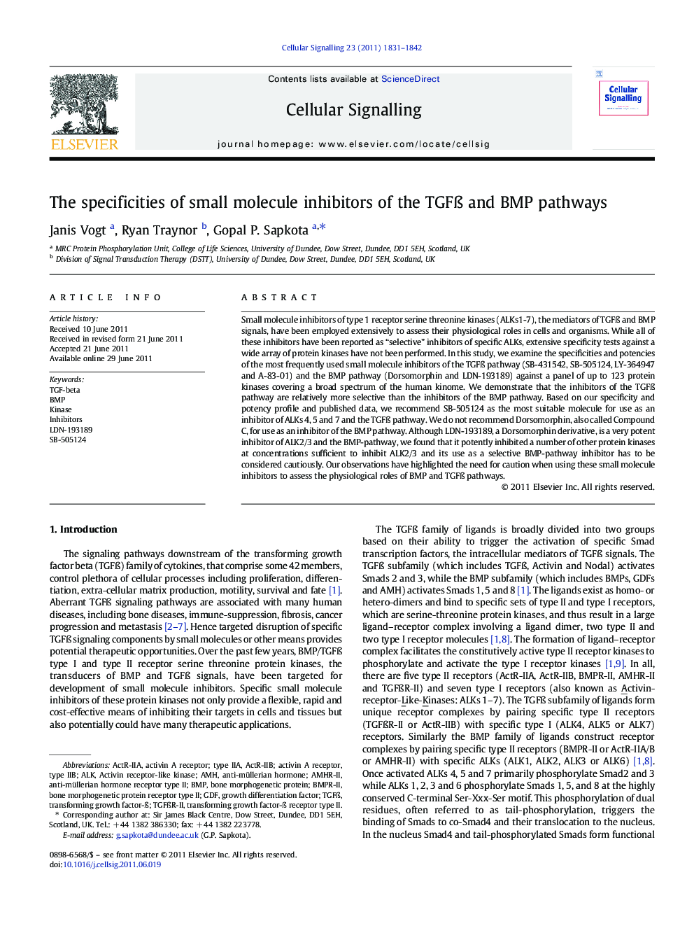 The specificities of small molecule inhibitors of the TGFß and BMP pathways
