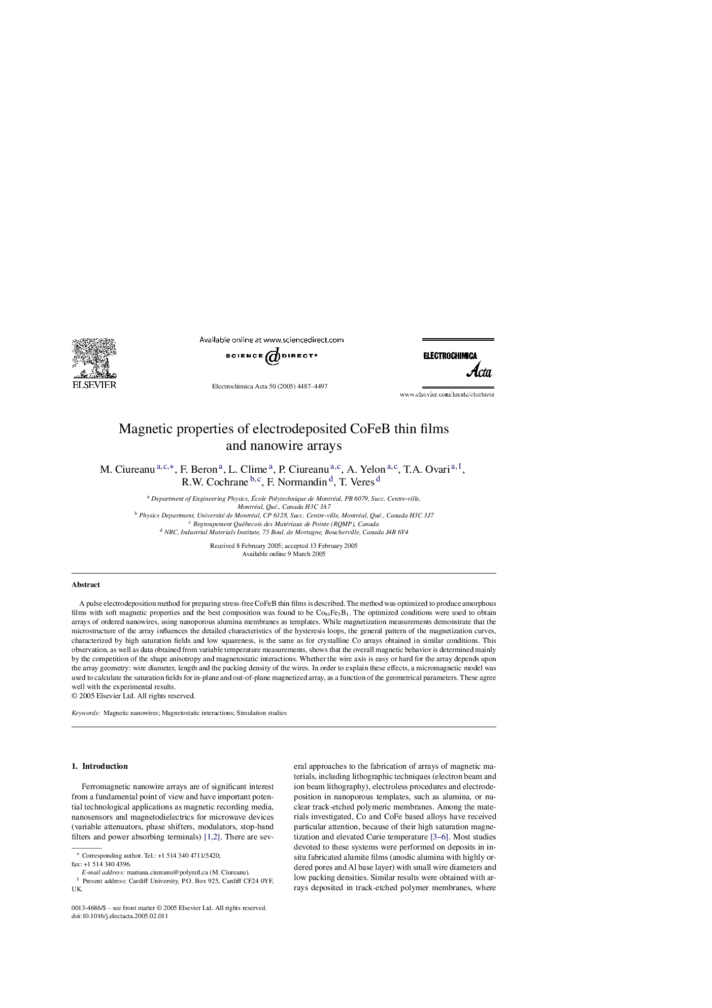 Magnetic properties of electrodeposited CoFeB thin films and nanowire arrays