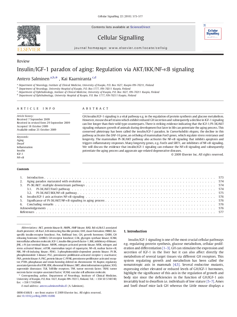 Insulin/IGF-1 paradox of aging: Regulation via AKT/IKK/NF-κB signaling