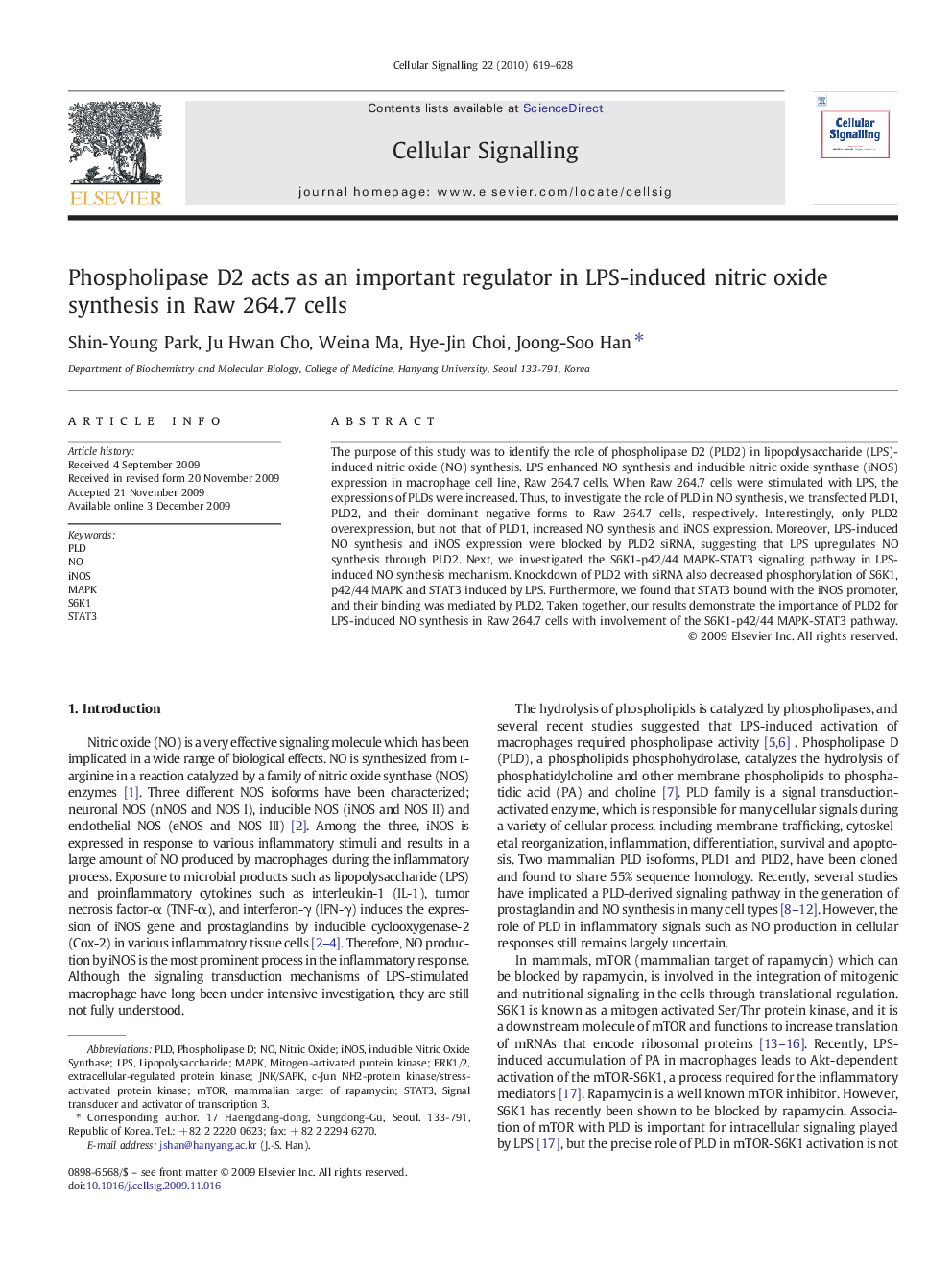 Phospholipase D2 acts as an important regulator in LPS-induced nitric oxide synthesis in Raw 264.7 cells