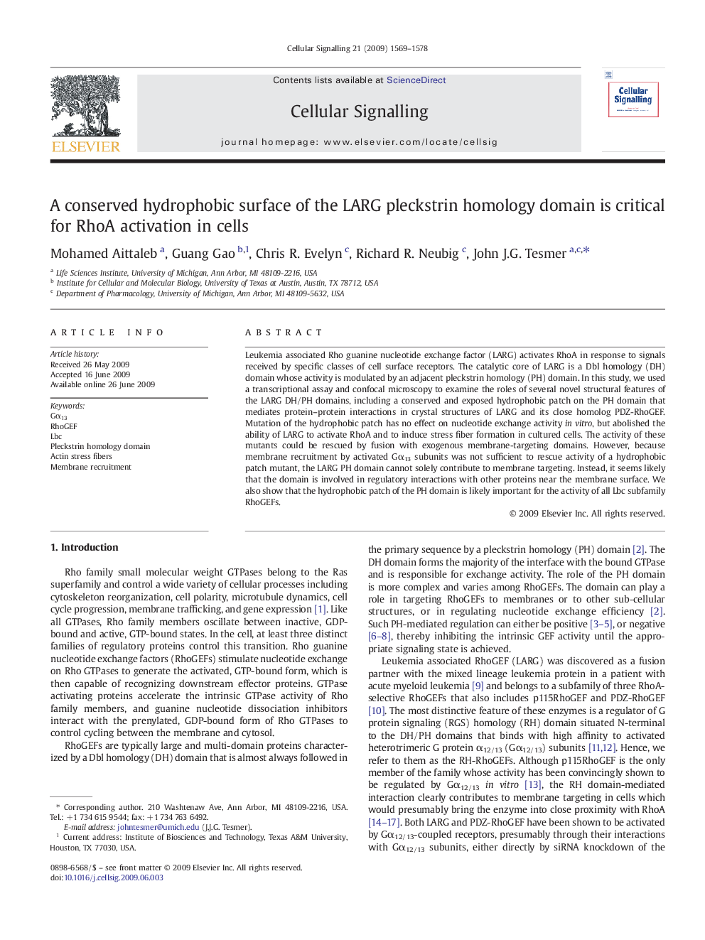 A conserved hydrophobic surface of the LARG pleckstrin homology domain is critical for RhoA activation in cells