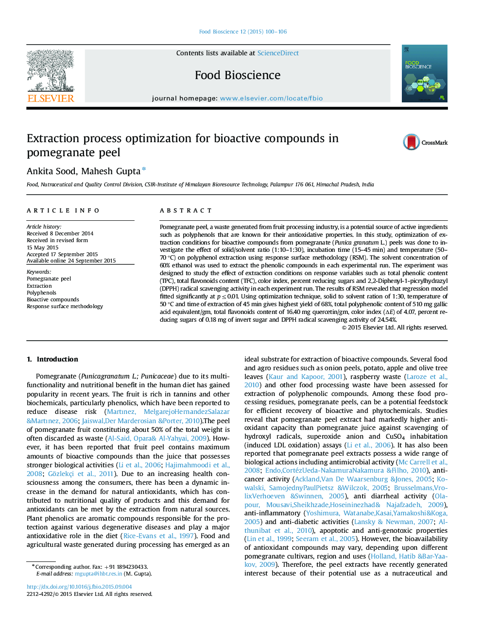 Extraction process optimization for bioactive compounds in pomegranate peel