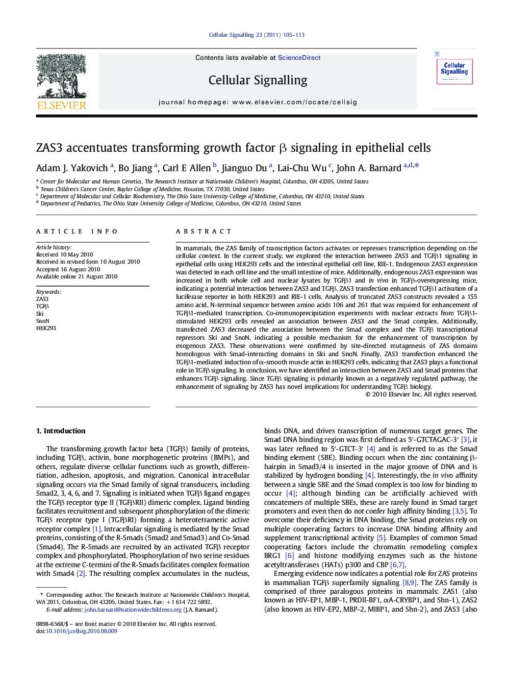 ZAS3 accentuates transforming growth factor β signaling in epithelial cells