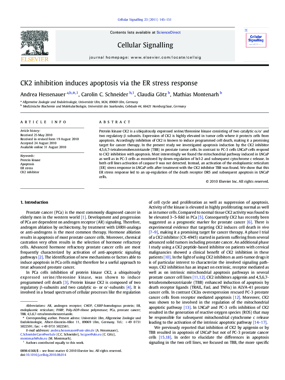 CK2 inhibition induces apoptosis via the ER stress response