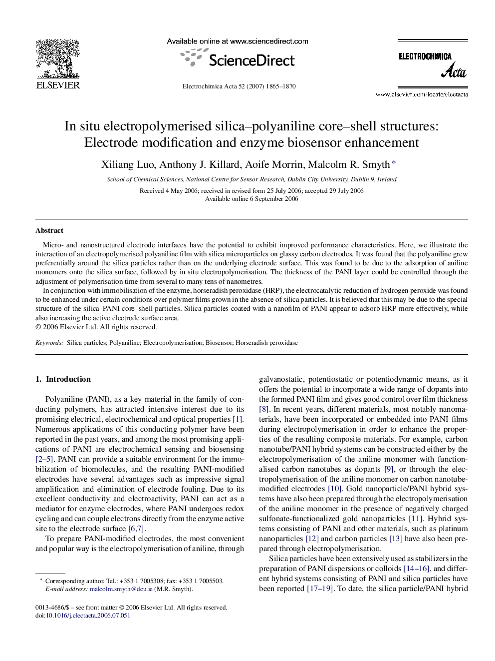 In situ electropolymerised silica–polyaniline core–shell structures: Electrode modification and enzyme biosensor enhancement