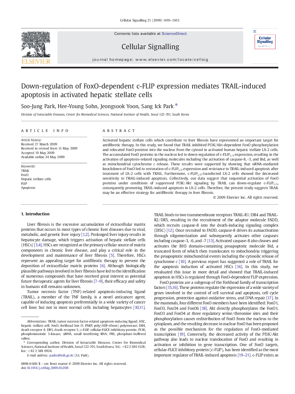 Down-regulation of FoxO-dependent c-FLIP expression mediates TRAIL-induced apoptosis in activated hepatic stellate cells