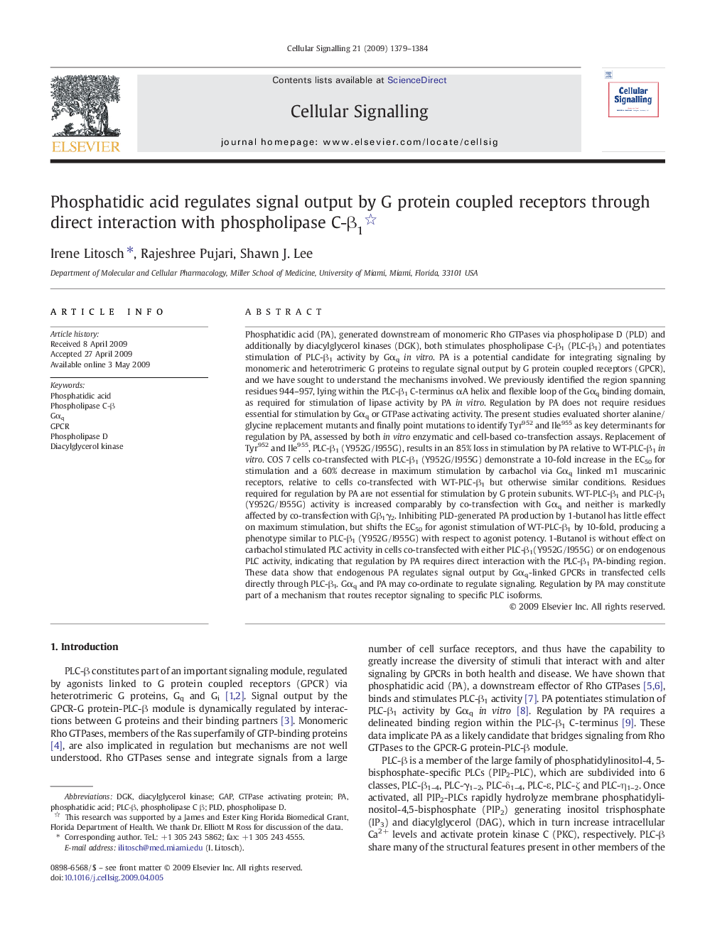 Phosphatidic acid regulates signal output by G protein coupled receptors through direct interaction with phospholipase C-β1