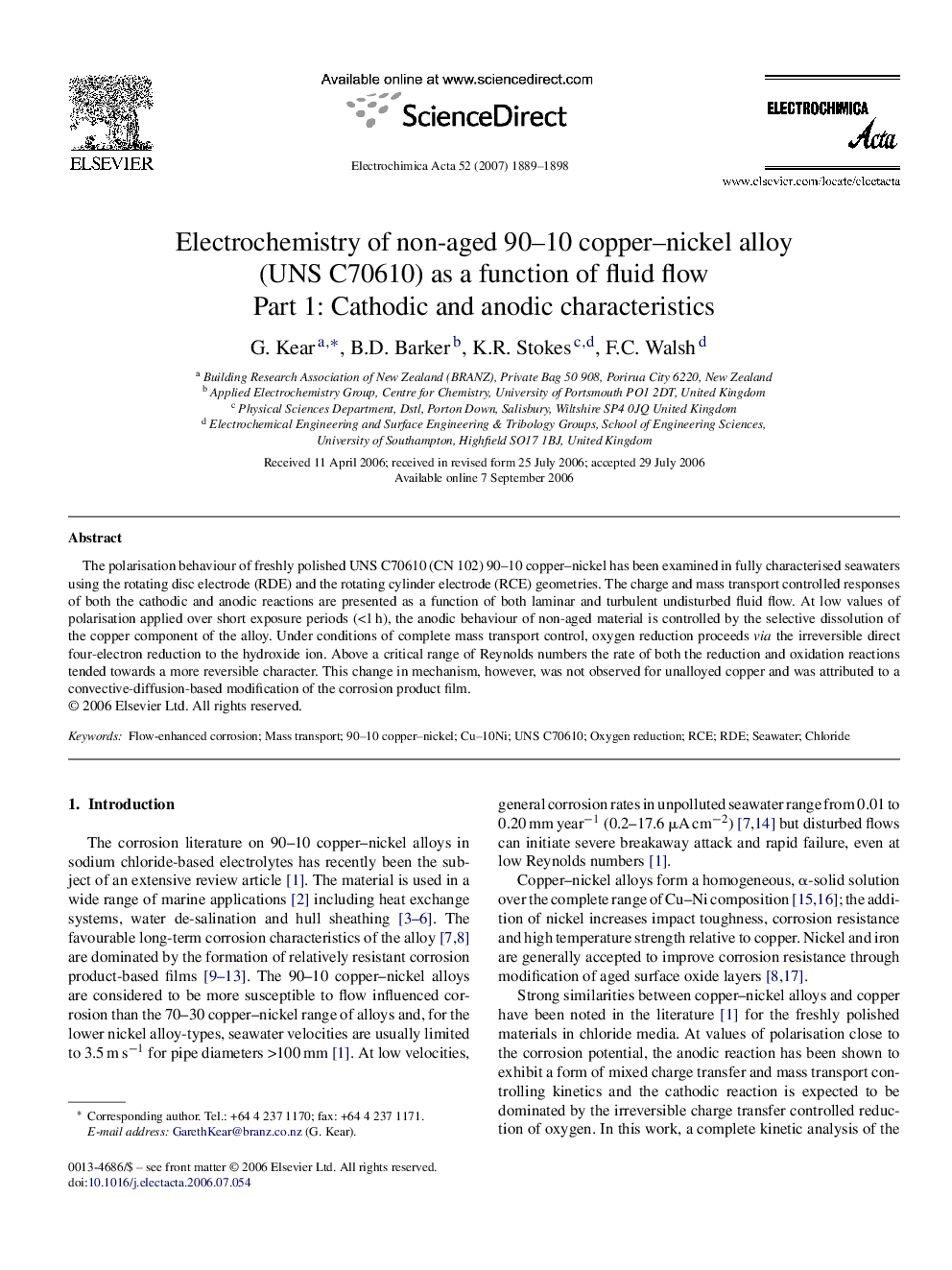 Electrochemistry of non-aged 90–10 copper–nickel alloy (UNS C70610) as a function of fluid flow: Part 1: Cathodic and anodic characteristics