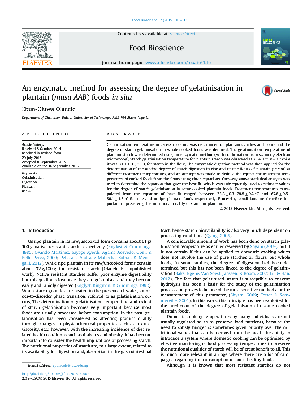 An enzymatic method for assessing the degree of gelatinisation in plantain (musa AAB) foods in situ