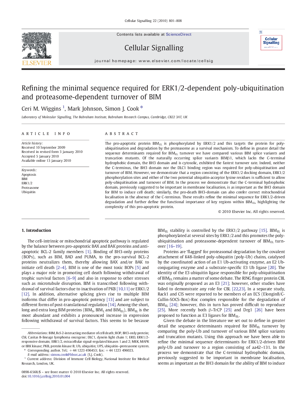 Refining the minimal sequence required for ERK1/2-dependent poly-ubiquitination and proteasome-dependent turnover of BIM