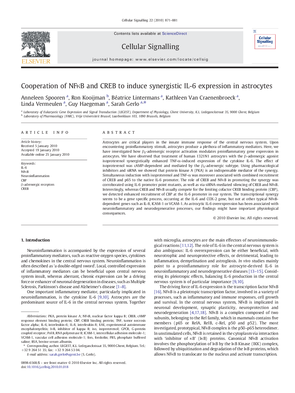 Cooperation of NFκB and CREB to induce synergistic IL-6 expression in astrocytes