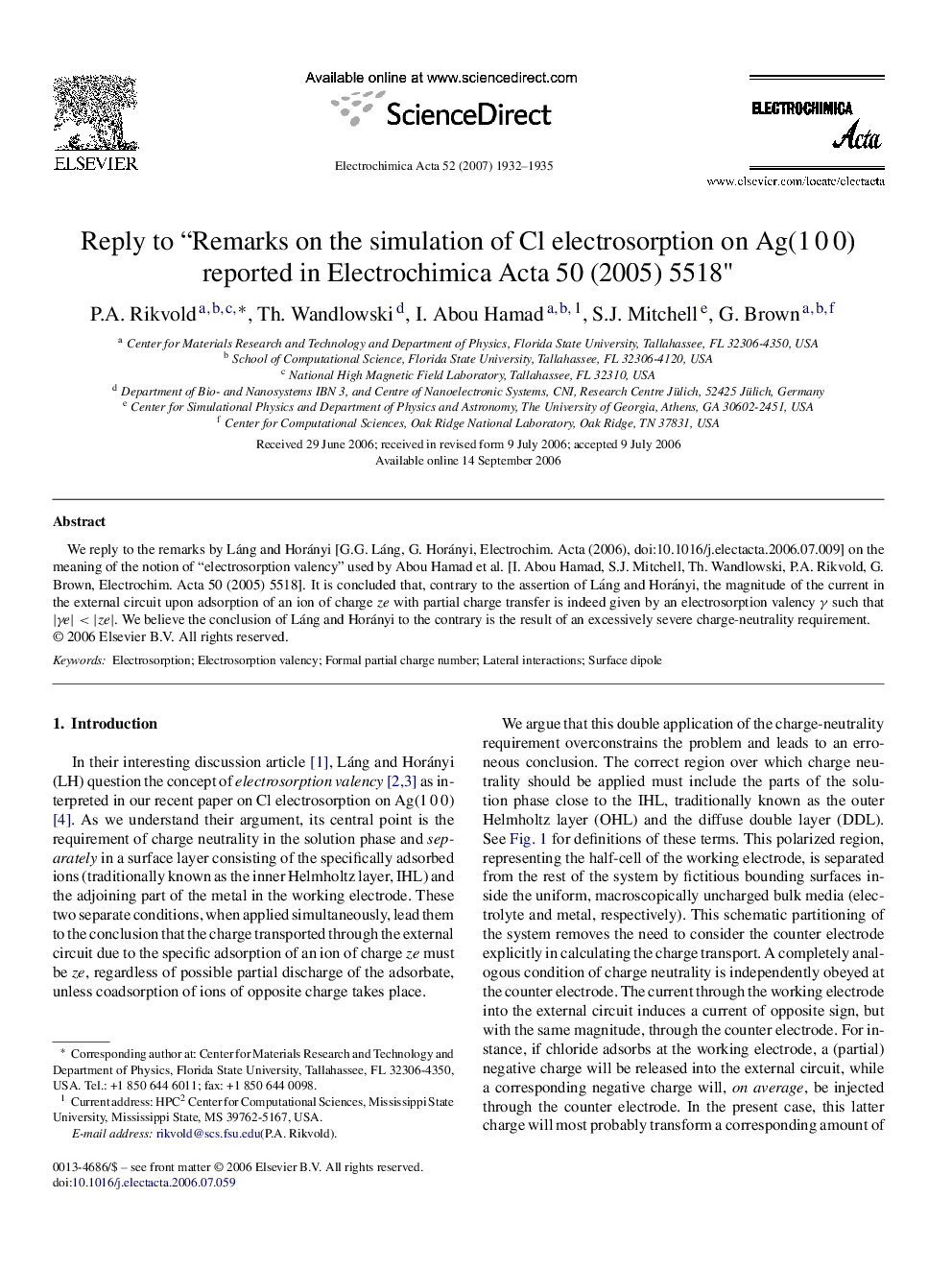 Reply to “Remarks on the simulation of Cl electrosorption on Ag(1 0 0) reported in Electrochimica Acta 50 (2005) 5518”