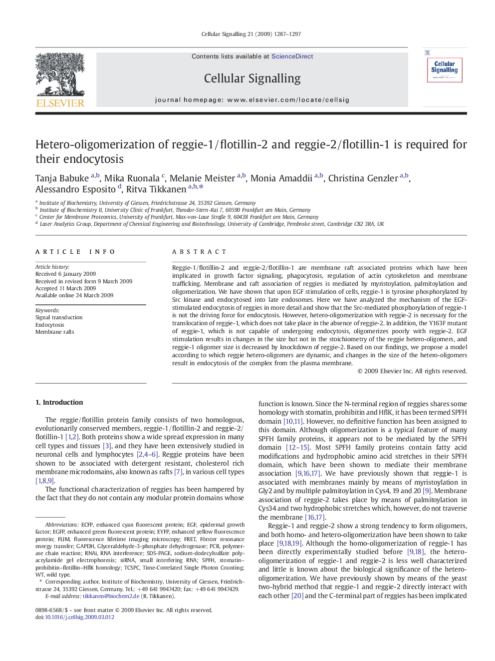 Hetero-oligomerization of reggie-1/flotillin-2 and reggie-2/flotillin-1 is required for their endocytosis