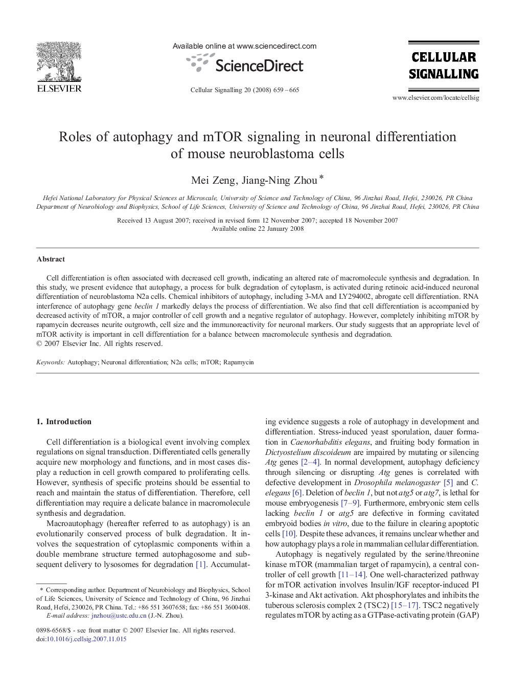 Roles of autophagy and mTOR signaling in neuronal differentiation of mouse neuroblastoma cells