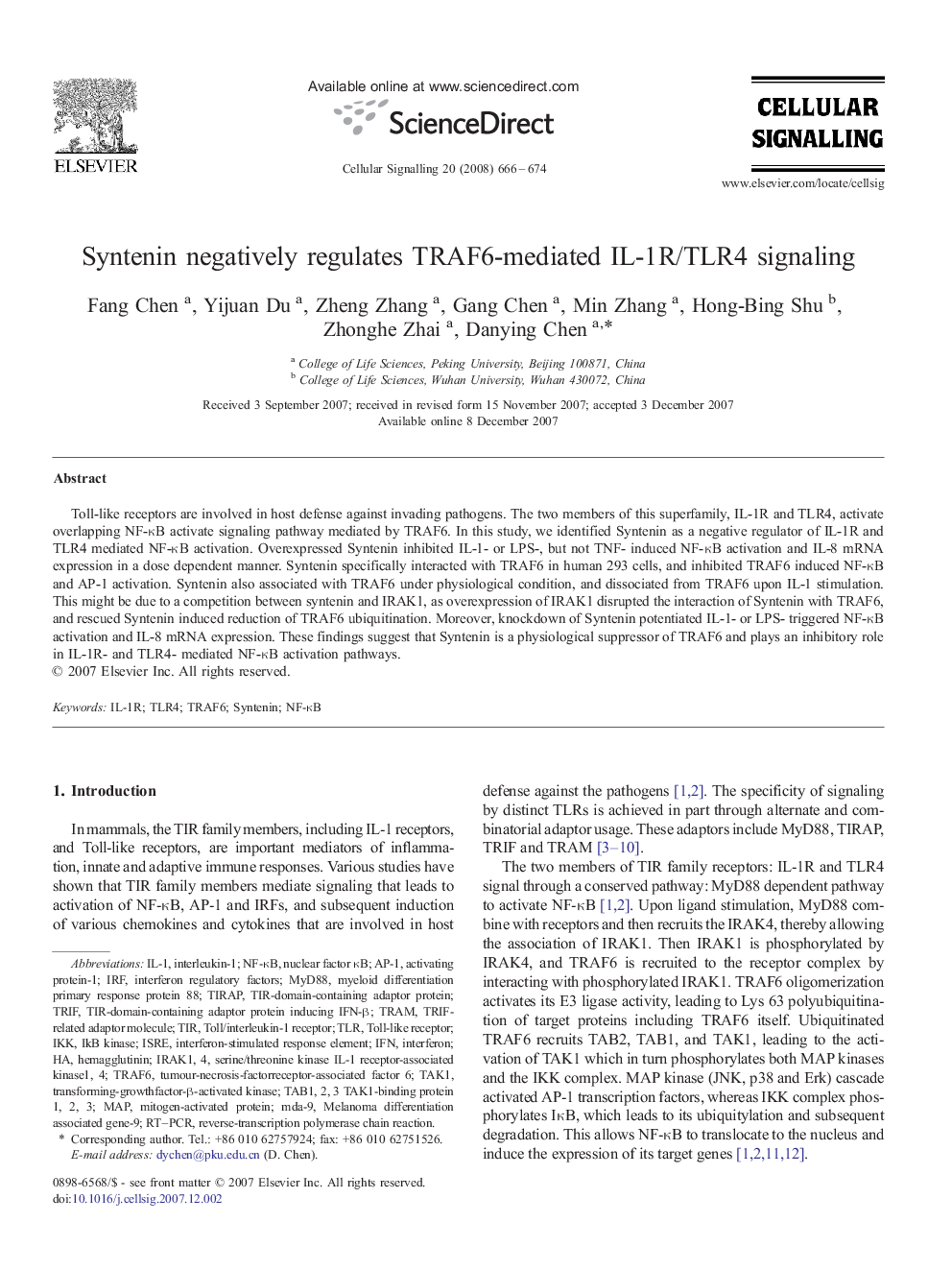 Syntenin negatively regulates TRAF6-mediated IL-1R/TLR4 signaling