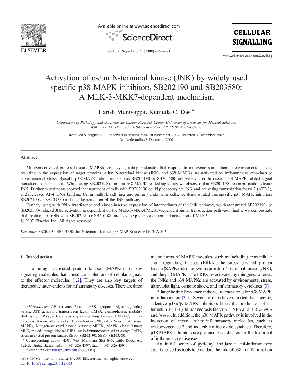 Activation of c-Jun N-terminal kinase (JNK) by widely used specific p38 MAPK inhibitors SB202190 and SB203580: A MLK-3-MKK7-dependent mechanism