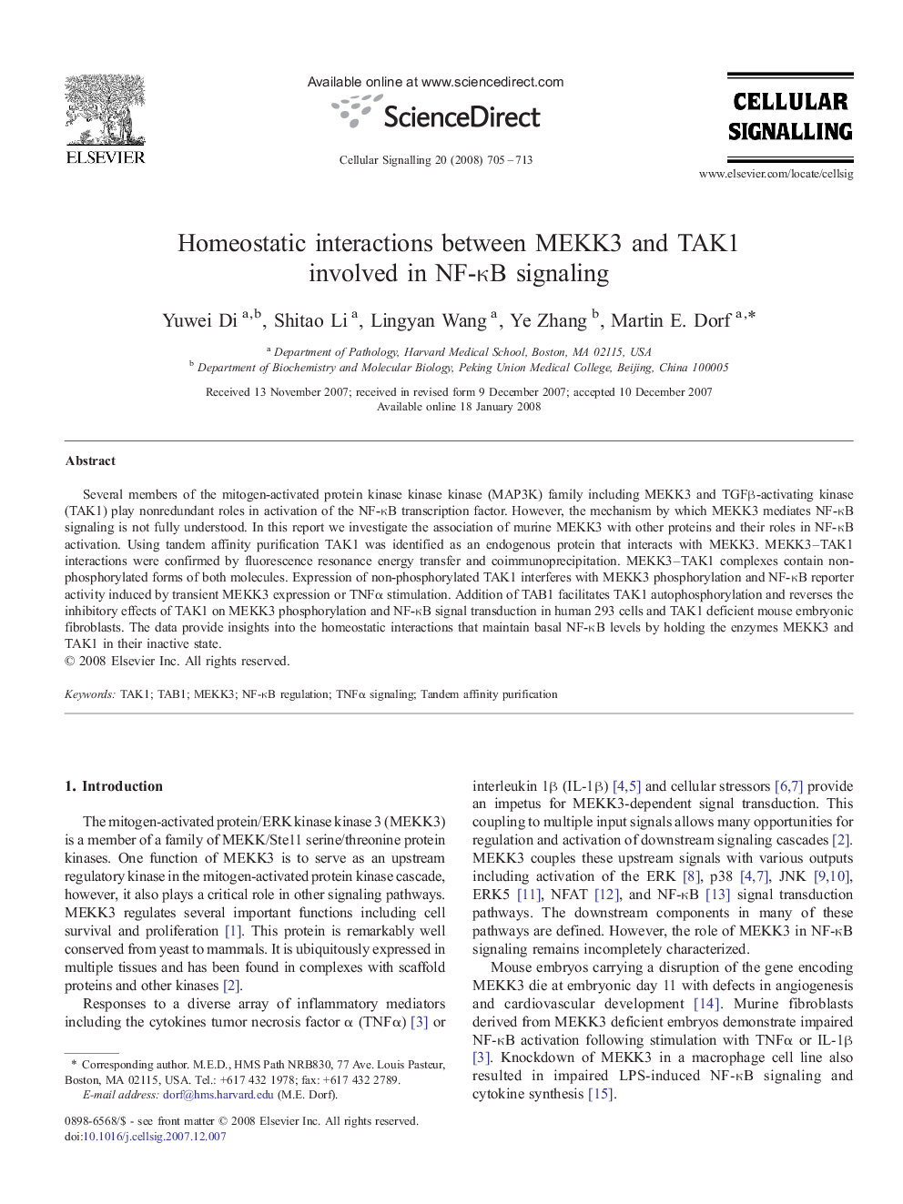 Homeostatic interactions between MEKK3 and TAK1 involved in NF-κB signaling