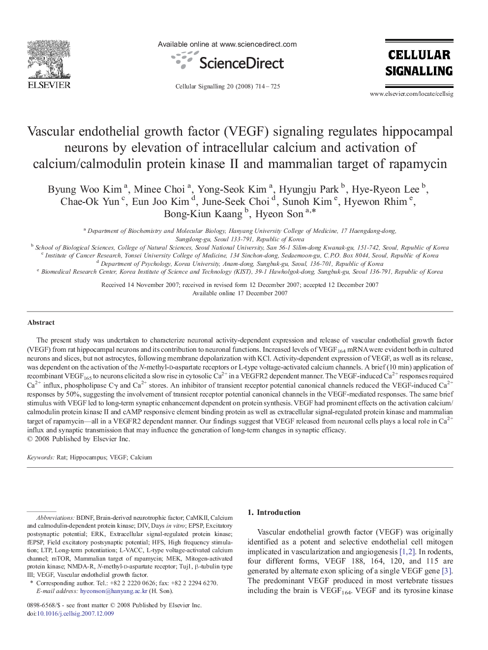 Vascular endothelial growth factor (VEGF) signaling regulates hippocampal neurons by elevation of intracellular calcium and activation of calcium/calmodulin protein kinase II and mammalian target of rapamycin