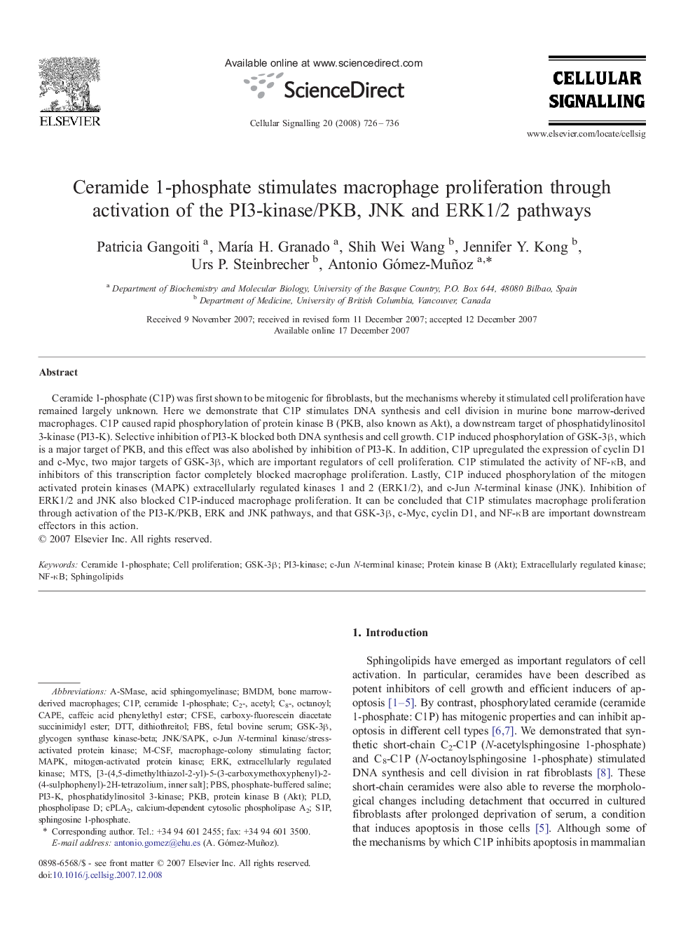 Ceramide 1-phosphate stimulates macrophage proliferation through activation of the PI3-kinase/PKB, JNK and ERK1/2 pathways