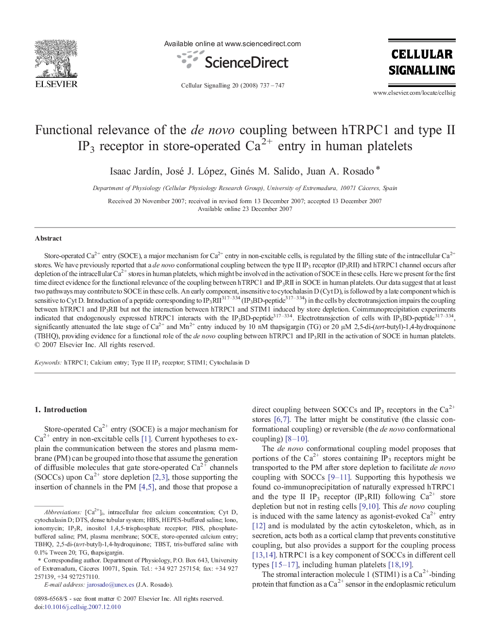 Functional relevance of the de novo coupling between hTRPC1 and type II IP3 receptor in store-operated Ca2+ entry in human platelets