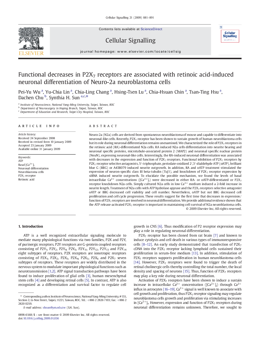 Functional decreases in P2X7 receptors are associated with retinoic acid-induced neuronal differentiation of Neuro-2a neuroblastoma cells