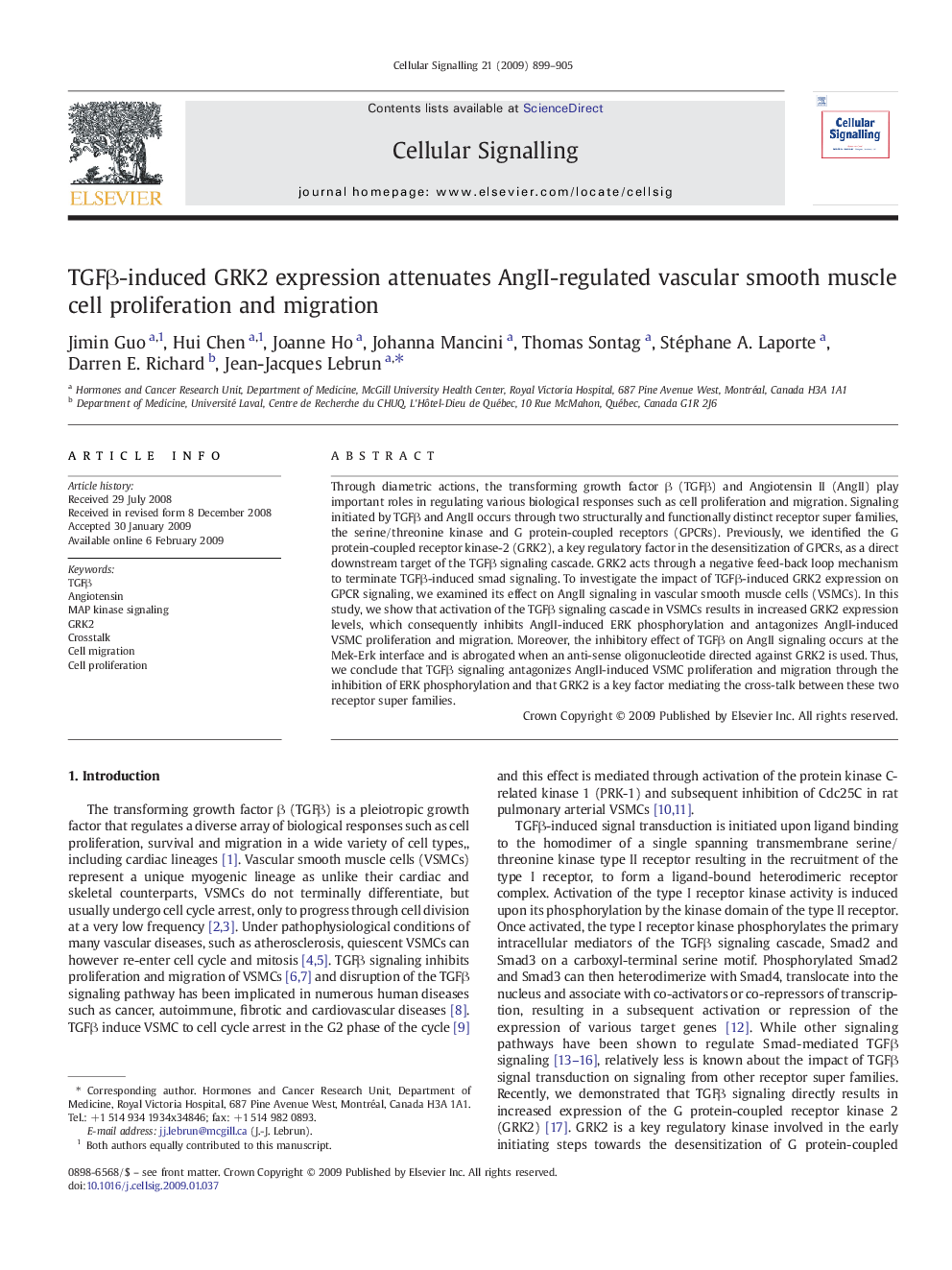 TGFβ-induced GRK2 expression attenuates AngII-regulated vascular smooth muscle cell proliferation and migration