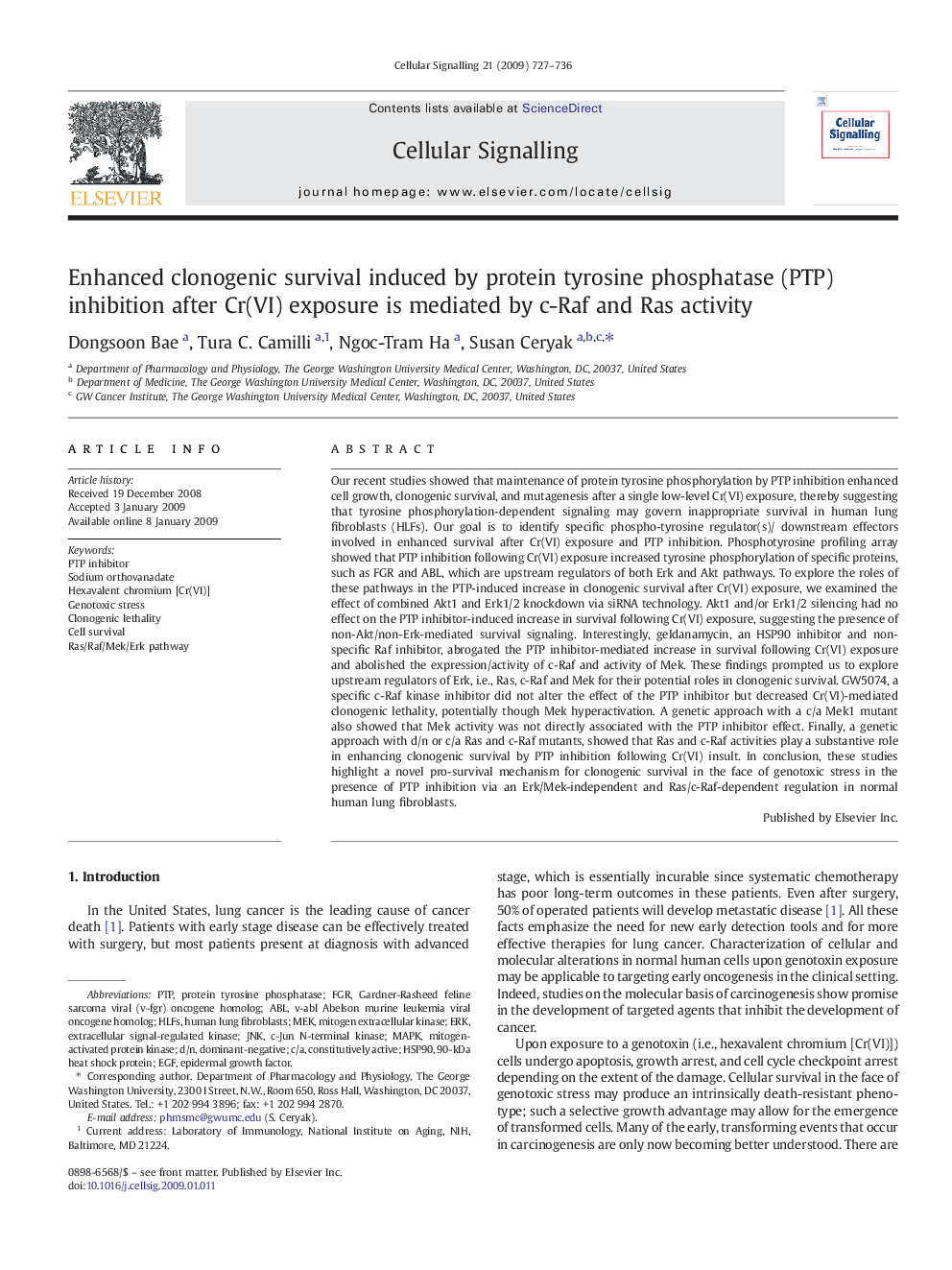 Enhanced clonogenic survival induced by protein tyrosine phosphatase (PTP) inhibition after Cr(VI) exposure is mediated by c-Raf and Ras activity