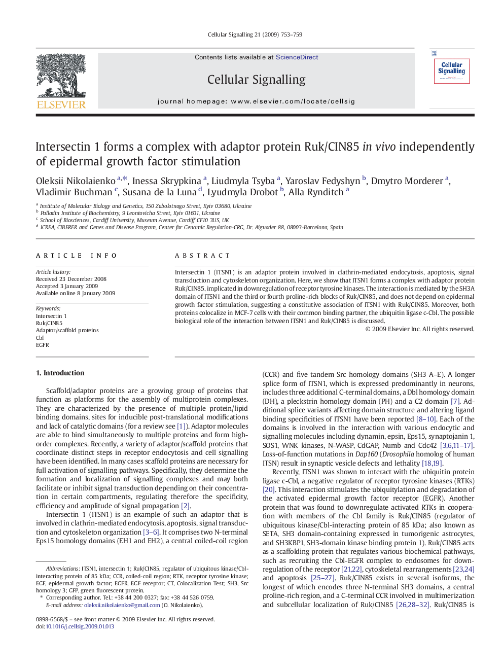 Intersectin 1 forms a complex with adaptor protein Ruk/CIN85 in vivo independently of epidermal growth factor stimulation