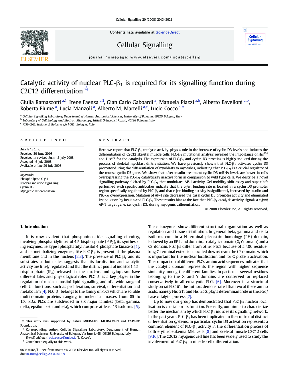 Catalytic activity of nuclear PLC-Î²1 is required for its signalling function during C2C12 differentiation