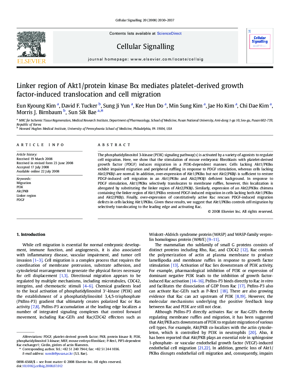 Linker region of Akt1/protein kinase BÎ± mediates platelet-derived growth factor-induced translocation and cell migration