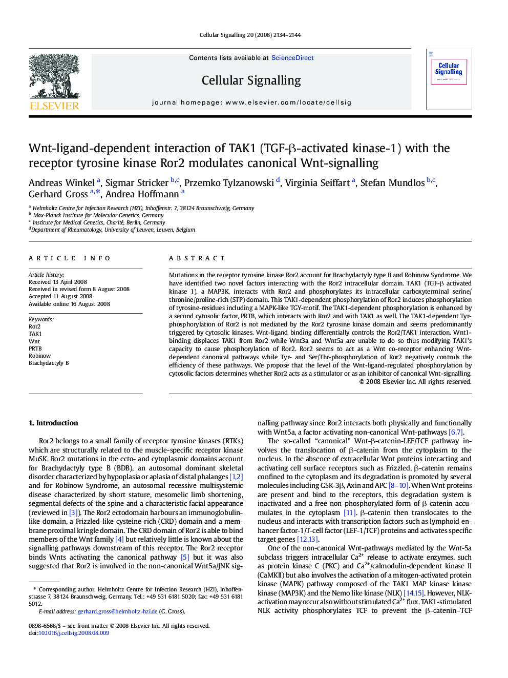 Wnt-ligand-dependent interaction of TAK1 (TGF-β-activated kinase-1) with the receptor tyrosine kinase Ror2 modulates canonical Wnt-signalling