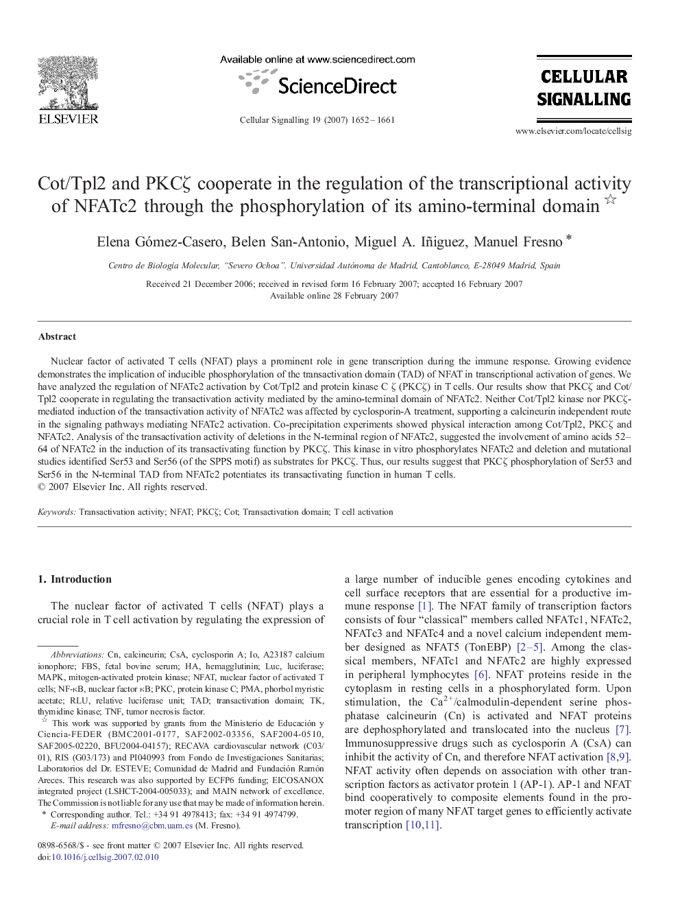 Cot/Tpl2 and PKCζ cooperate in the regulation of the transcriptional activity of NFATc2 through the phosphorylation of its amino-terminal domain 