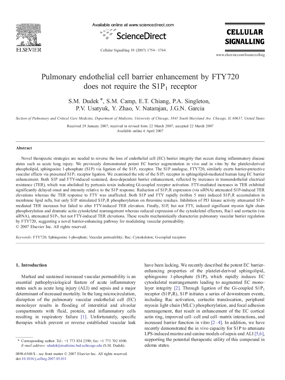 Pulmonary endothelial cell barrier enhancement by FTY720 does not require the S1P1 receptor