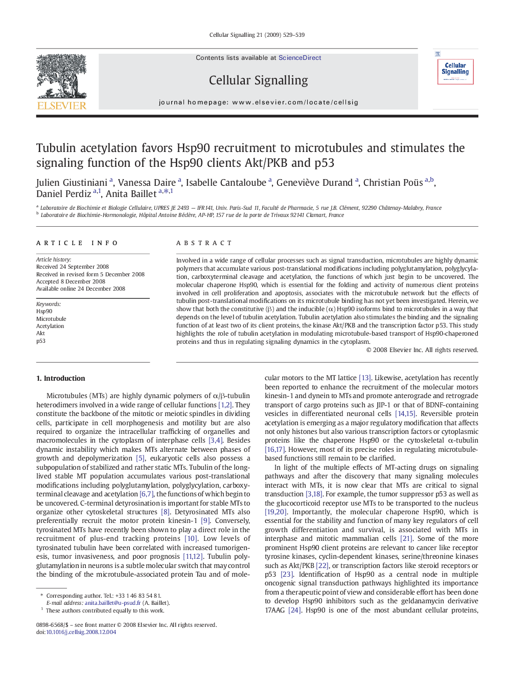 Tubulin acetylation favors Hsp90 recruitment to microtubules and stimulates the signaling function of the Hsp90 clients Akt/PKB and p53