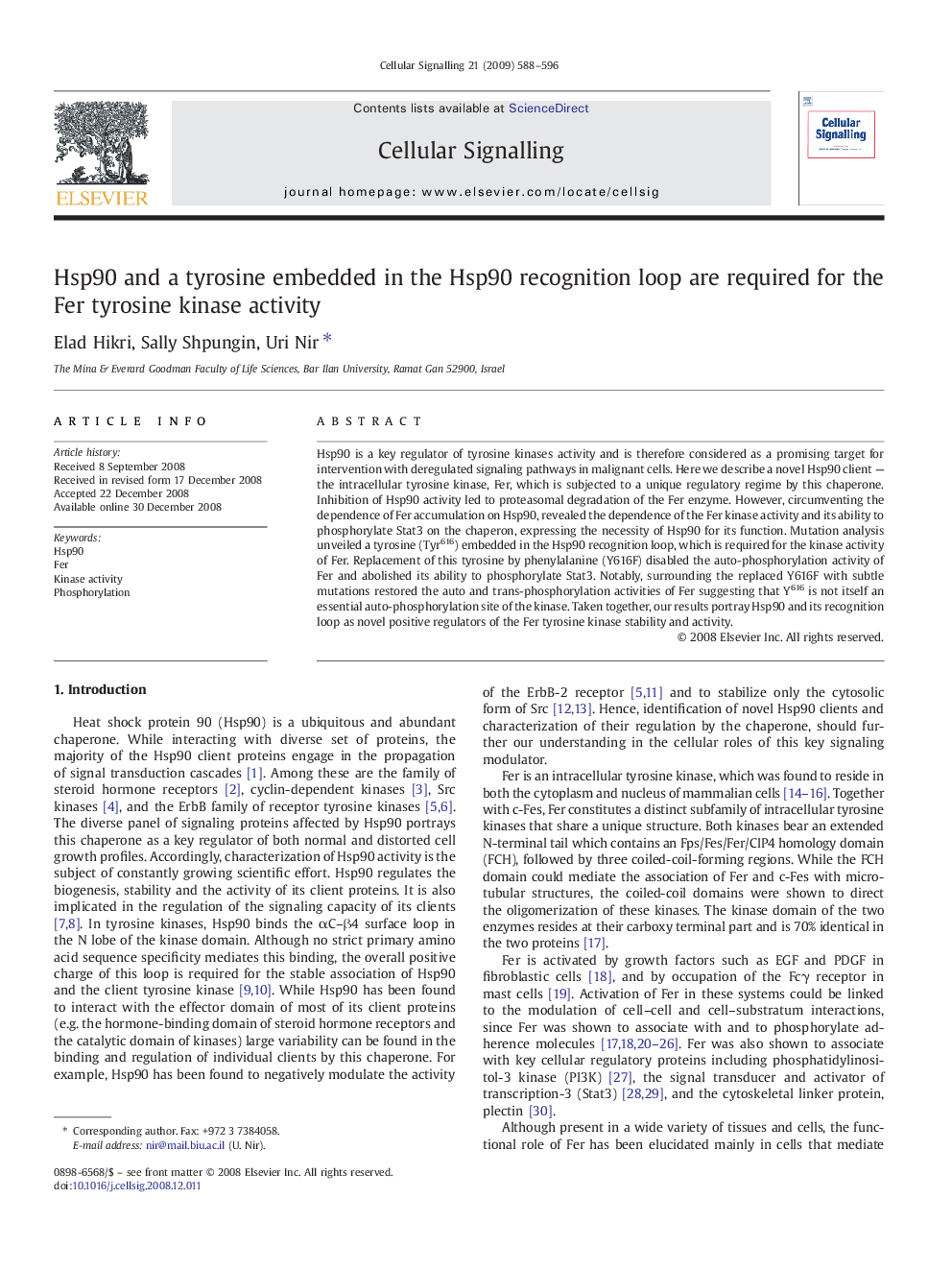 Hsp90 and a tyrosine embedded in the Hsp90 recognition loop are required for the Fer tyrosine kinase activity