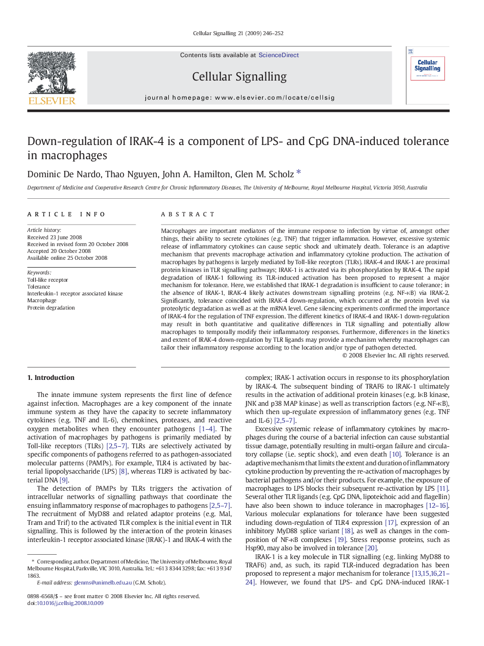 Down-regulation of IRAK-4 is a component of LPS- and CpG DNA-induced tolerance in macrophages