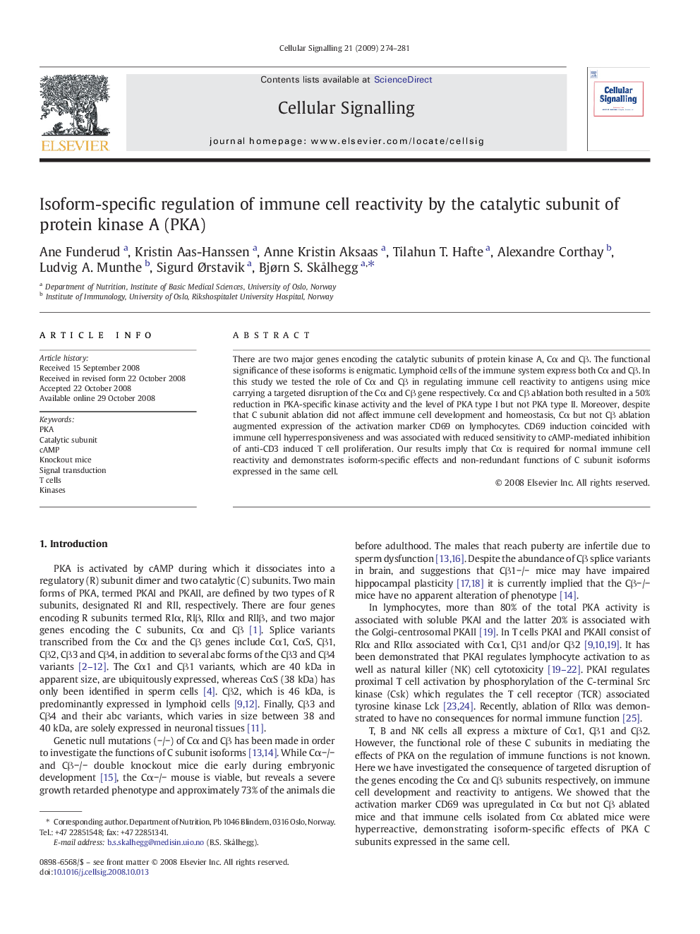 Isoform-specific regulation of immune cell reactivity by the catalytic subunit of protein kinase A (PKA)