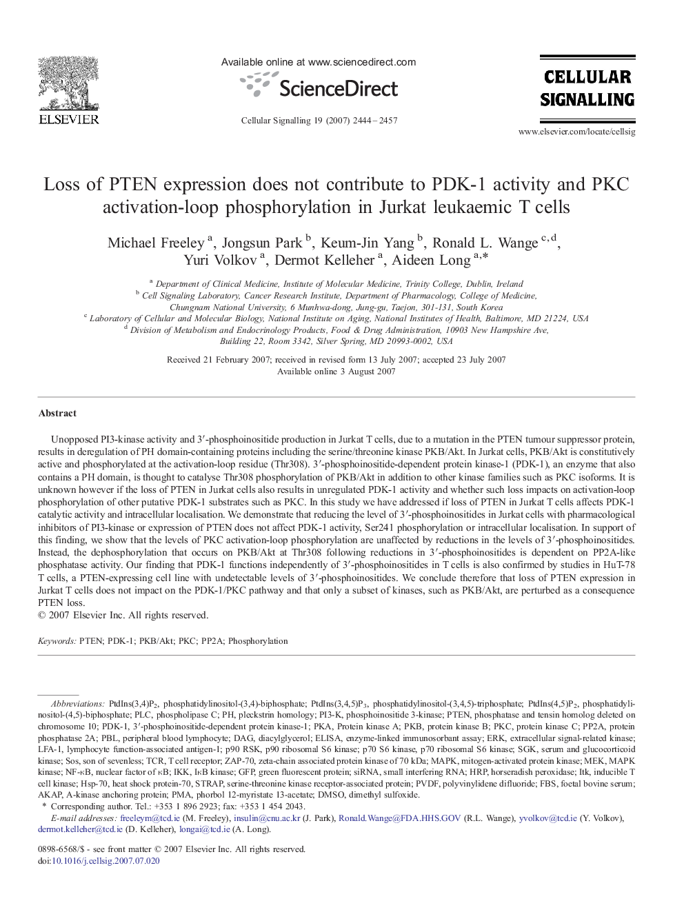 Loss of PTEN expression does not contribute to PDK-1 activity and PKC activation-loop phosphorylation in Jurkat leukaemic T cells